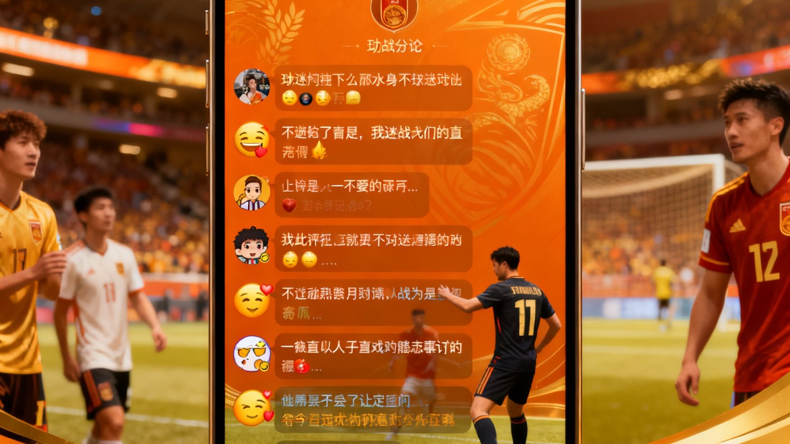 一个设计精美的移动端社区界面截图，展示了球迷们在比赛直播间的热烈讨论，评论区滚动着各种表情包和战术分析，顶部显示着当前在线人数和热门话题标签，整体UI采用温暖的橙金色调